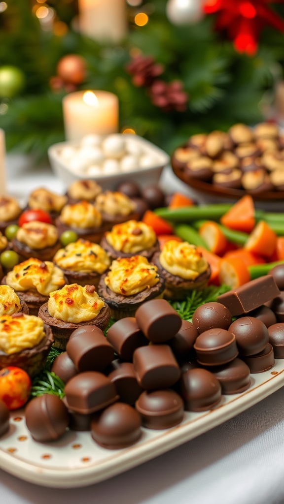 Gluten-Free and Dairy-Free Christmas Party Food Recipes A festive platter with stuffed mushrooms, roasted vegetables, and chocolate treats for a Christmas party.